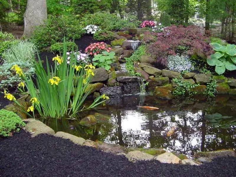 Serene garden pond with waterfall surrounded by lush plants