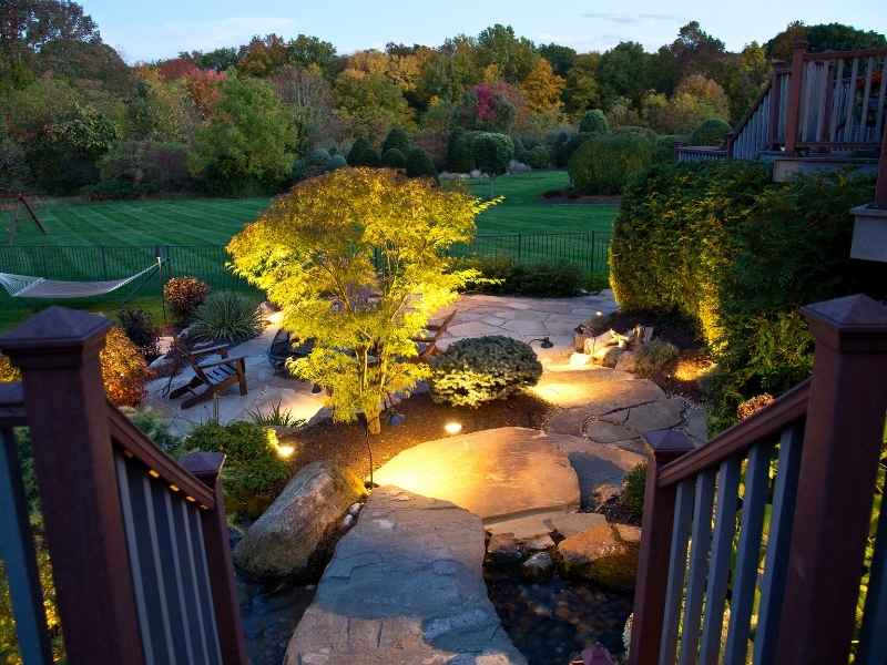Stone garden path with lit tree and lush backyard at dusk