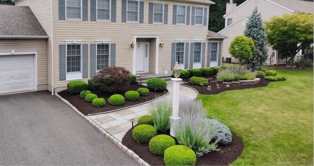 Residential front yard featuring curved paver walkway, trimmed shrubs, mulch beds, and trees