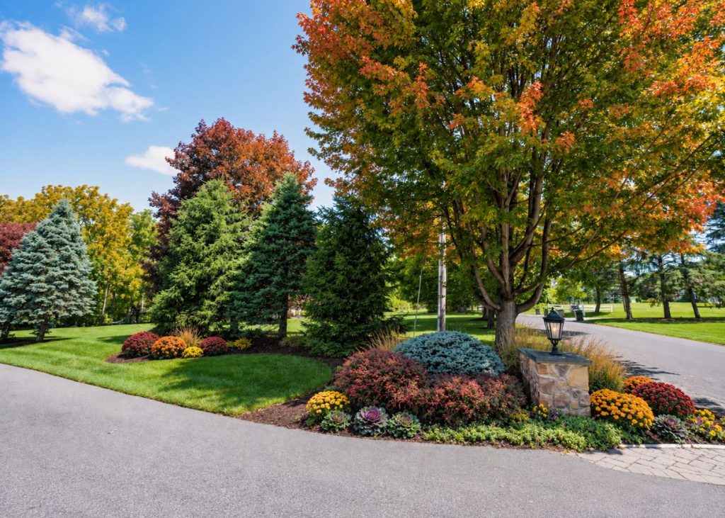 Beautiful Fall Season Entry with Colorful Mums Plantings